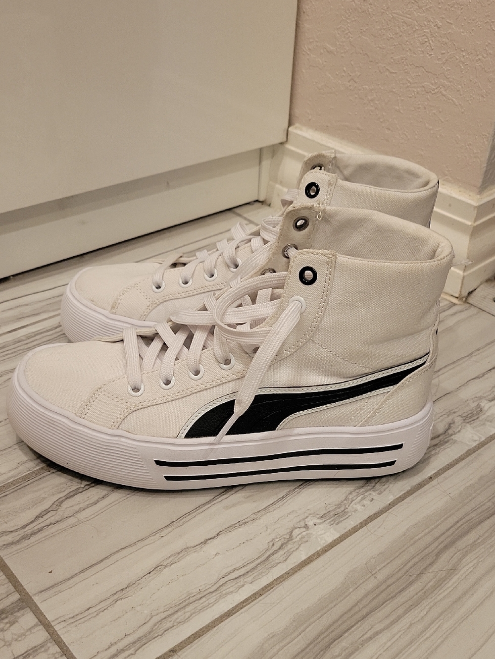 High-Top Canvas Sneakers in White with Black Accent